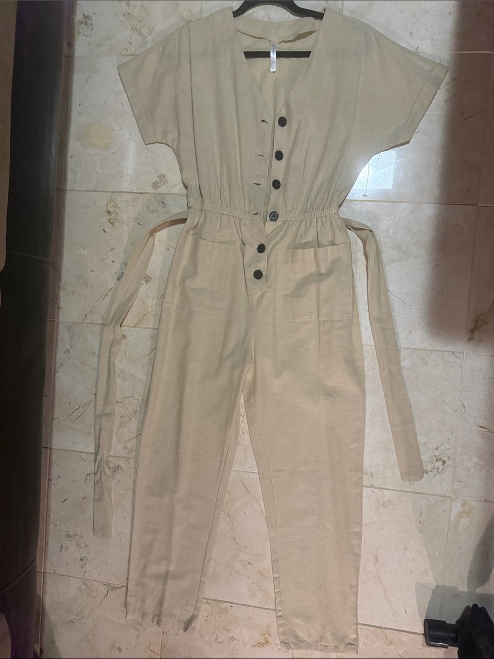 Beige Button-Front Jumpsuit with elastic Waist & Tie belt